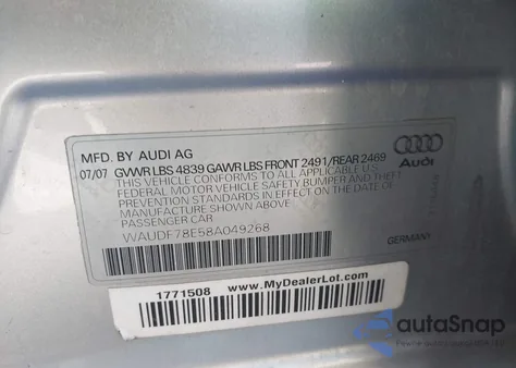 2008 Audi A4 2.0T из США, поврежденный, VIN WAUDF78E58A049268